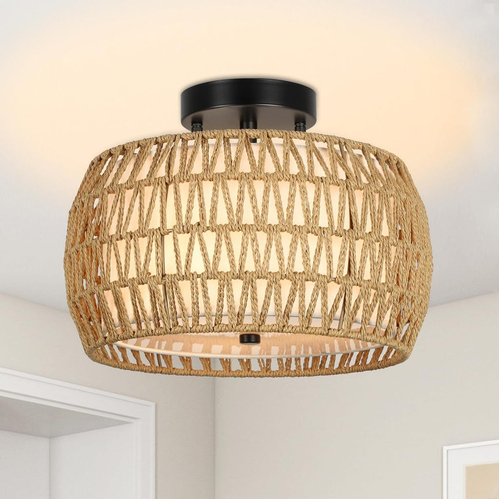 Rattan & Fabric Semi-Flush Ceiling Light