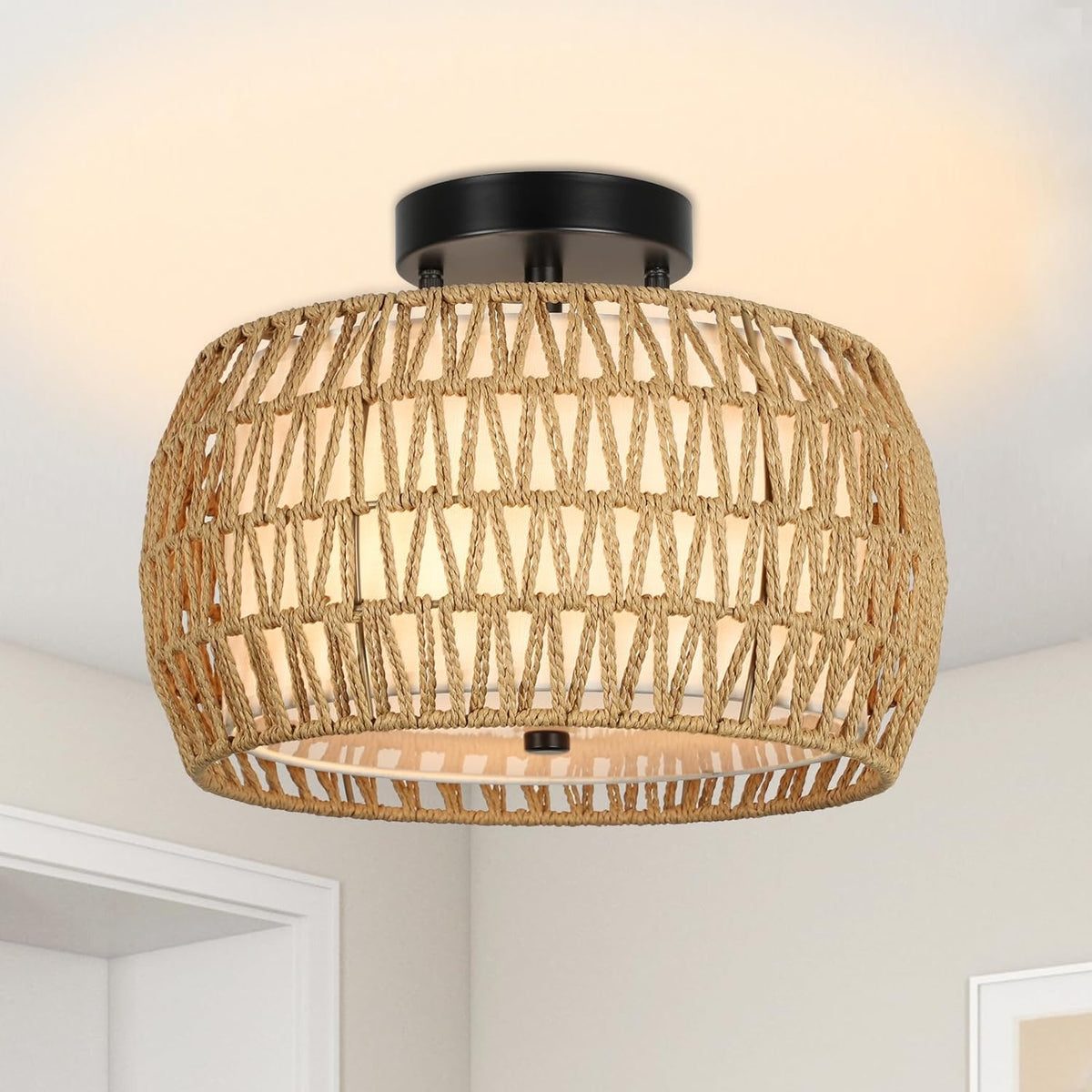 Rattan & Fabric Semi-Flush Ceiling Light