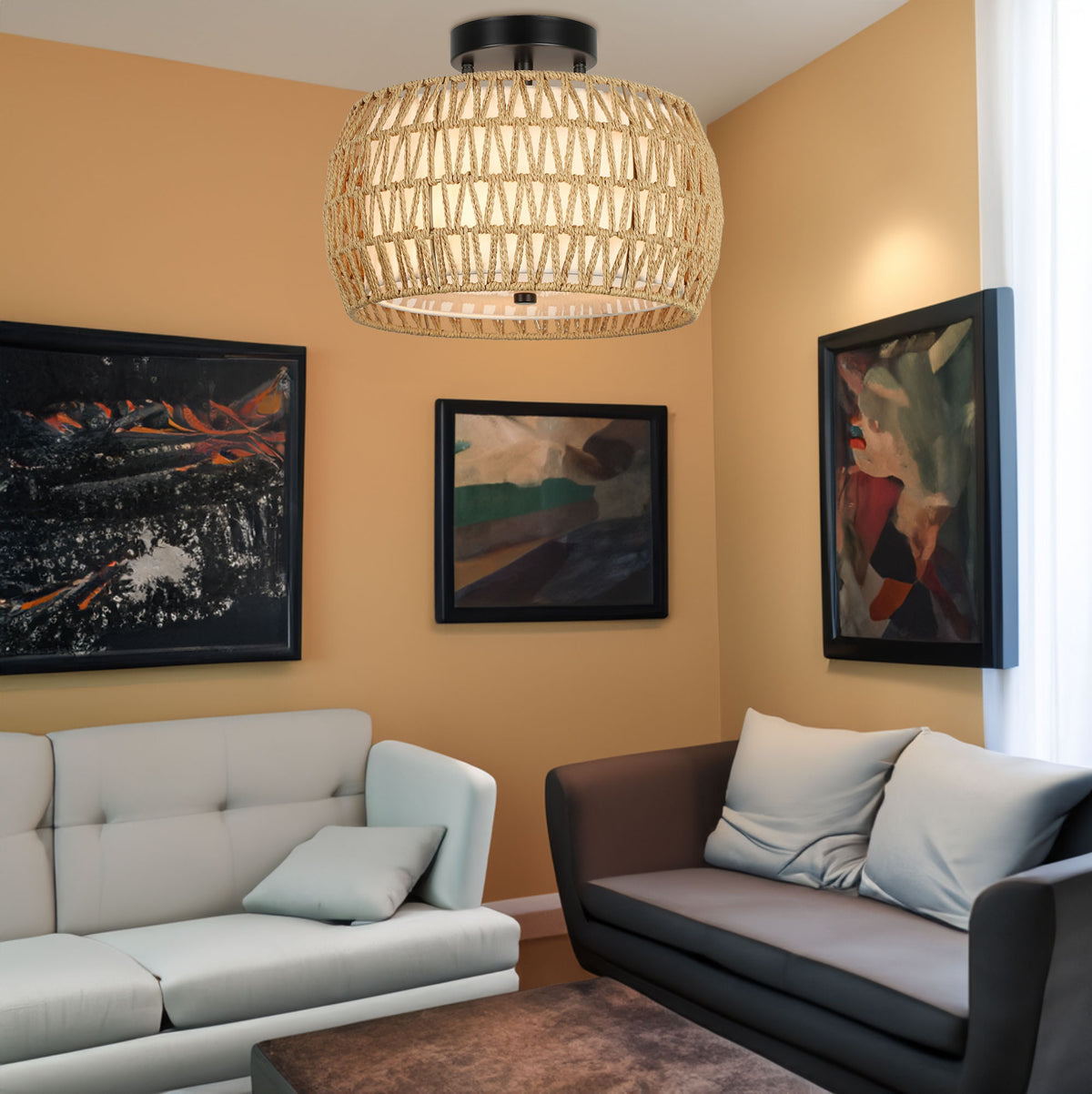 Rattan & Fabric Semi-Flush Ceiling Light