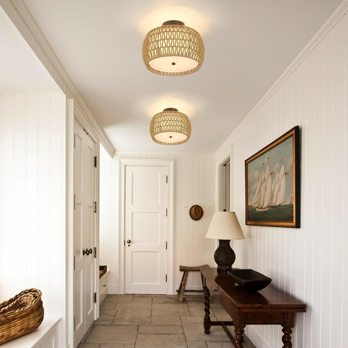 Rattan & Fabric Semi-Flush Ceiling Light