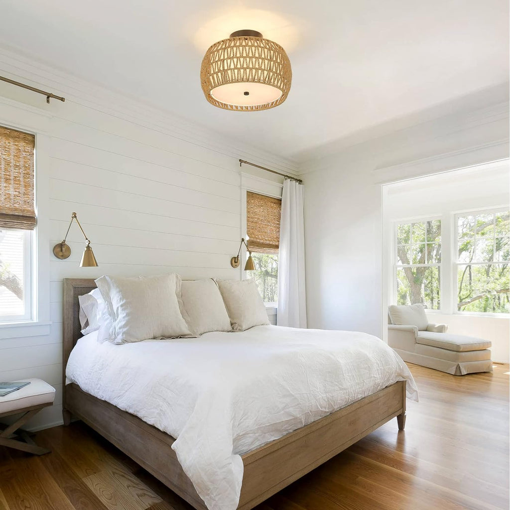 Rattan & Fabric Semi-Flush Ceiling Light