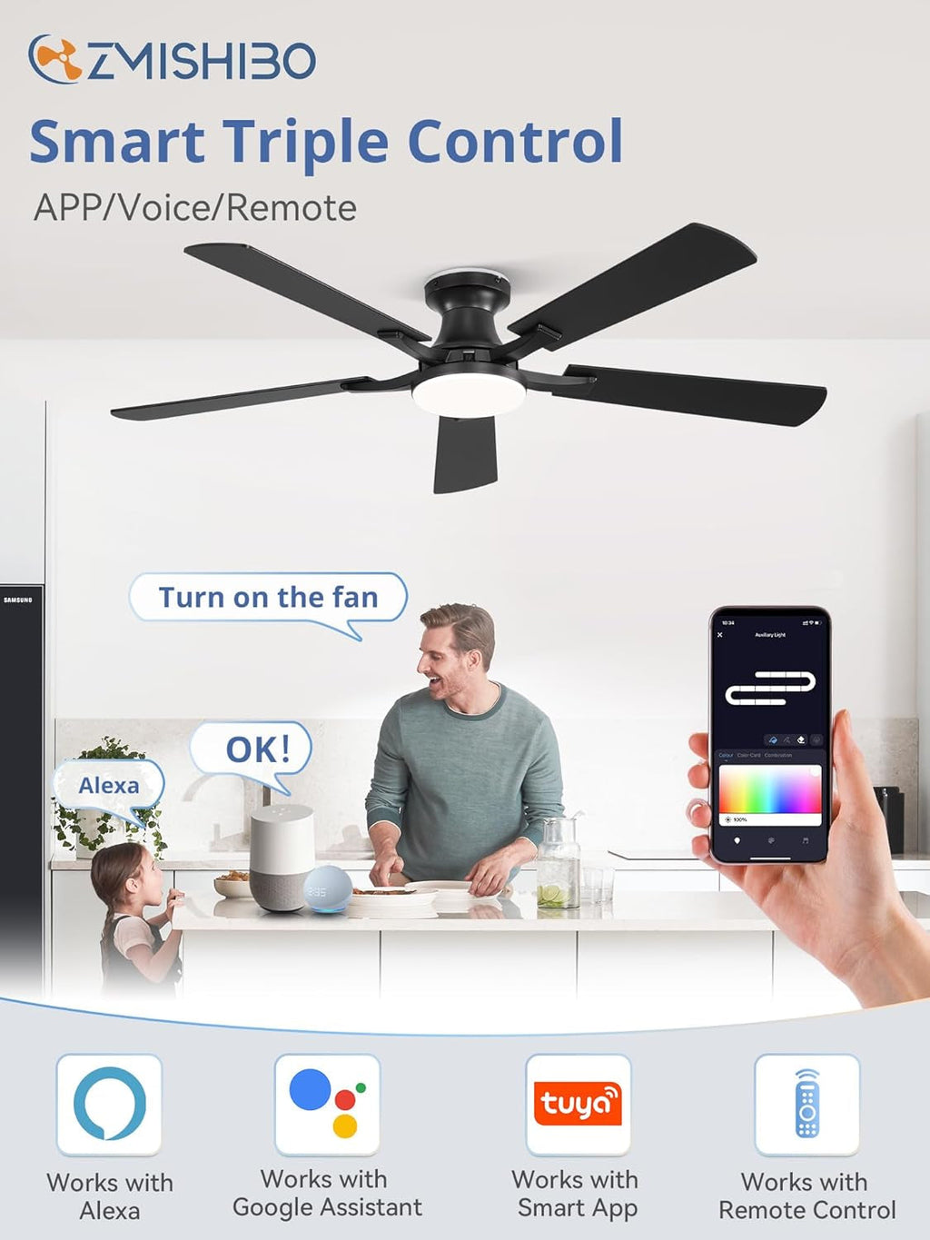 52 Inch Smart Black Ceiling Fan Energy Efficient Cooling