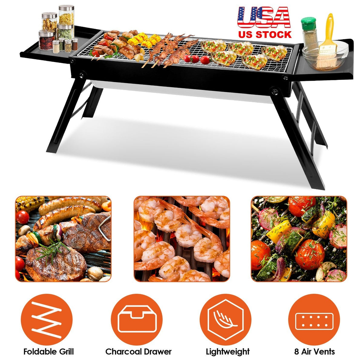 LJG Folding Charcoal BBQ Grill with Side Shelf