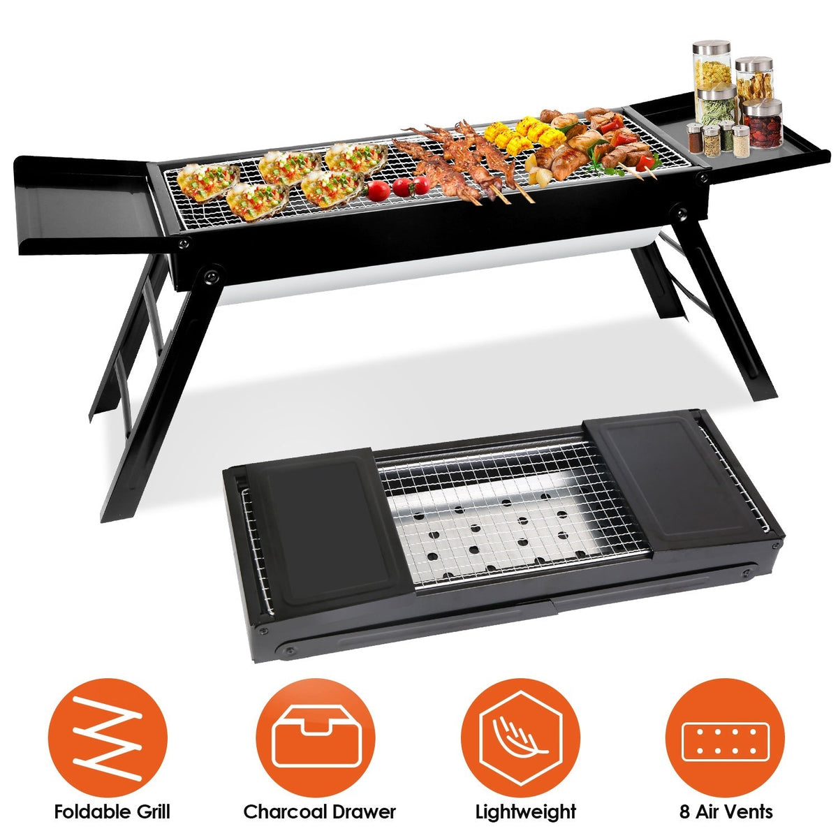 LJG Folding Charcoal BBQ Grill with Side Shelf