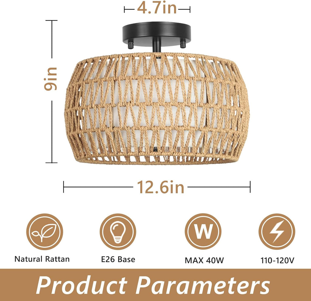 Rattan & Fabric Semi-Flush Ceiling Light