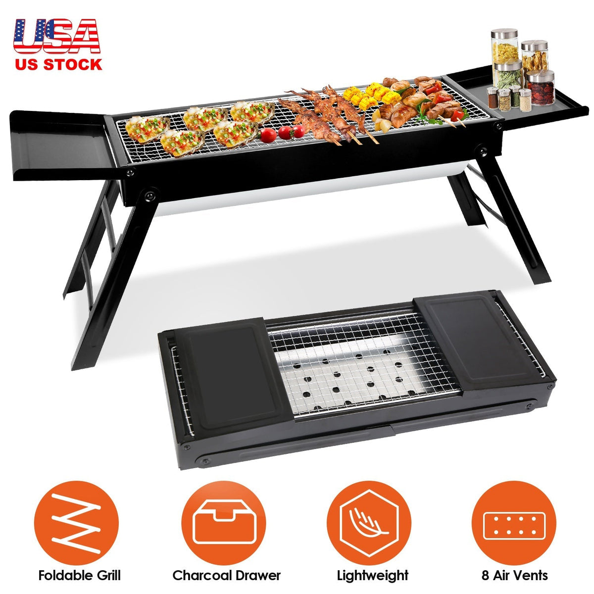 LJG Folding Charcoal BBQ Grill with Side Shelf