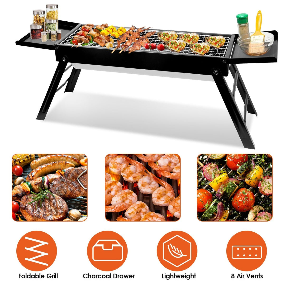 LJG Folding Charcoal BBQ Grill with Side Shelf