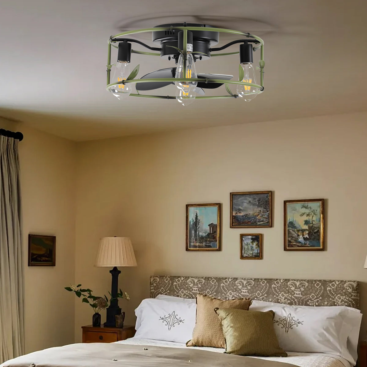 18.5-Inch Green Caged Ceiling Fan with Lights & Remote