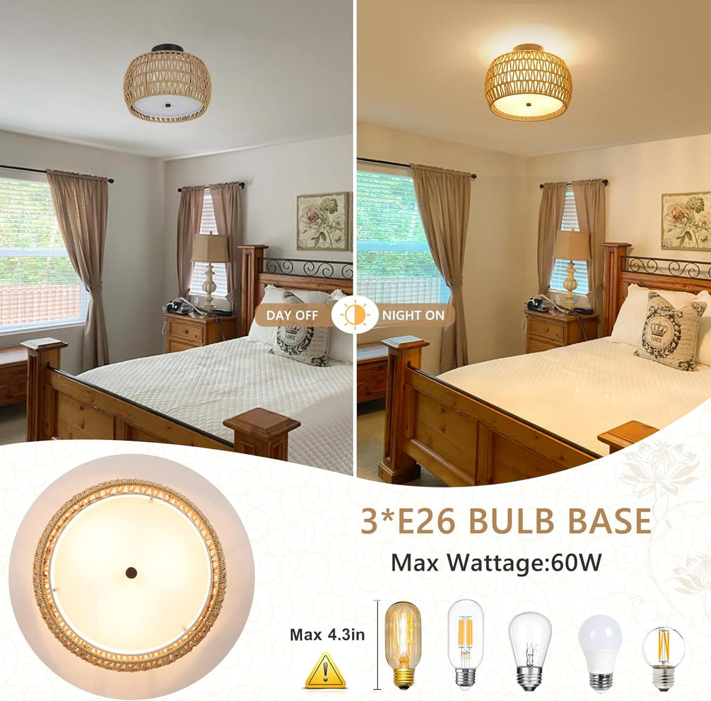 Rattan & Fabric Semi-Flush Ceiling Light