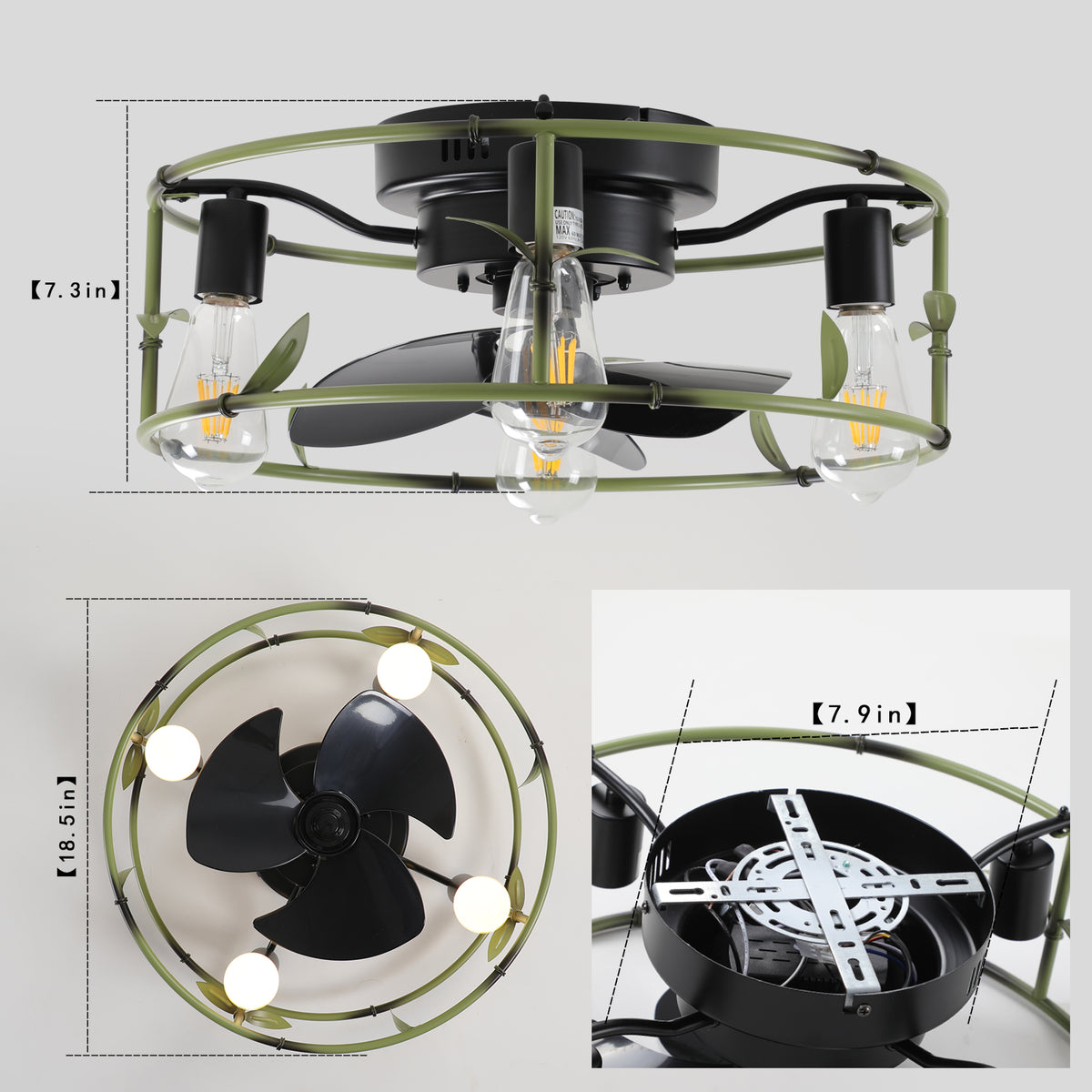 18.5-Inch Green Caged Ceiling Fan with Lights & Remote