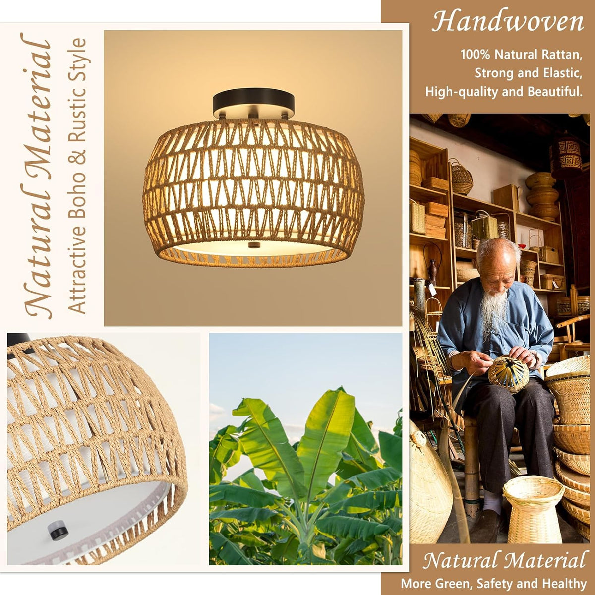 Rattan & Fabric Semi-Flush Ceiling Light