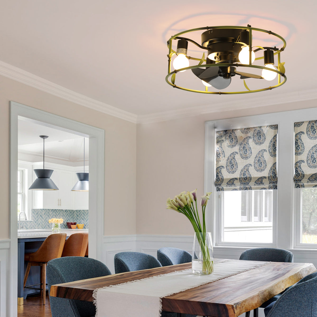 18.5-Inch Green Caged Ceiling Fan with Lights & Remote