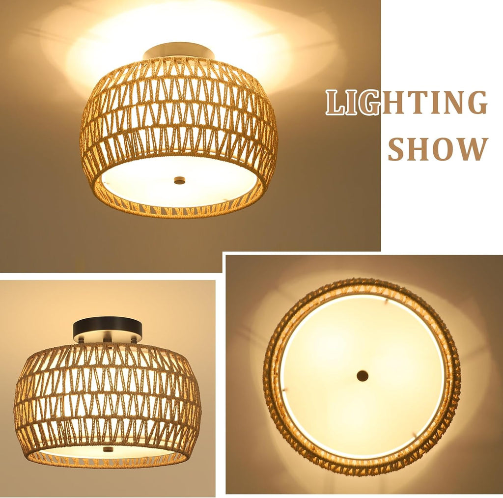 Rattan & Fabric Semi-Flush Ceiling Light