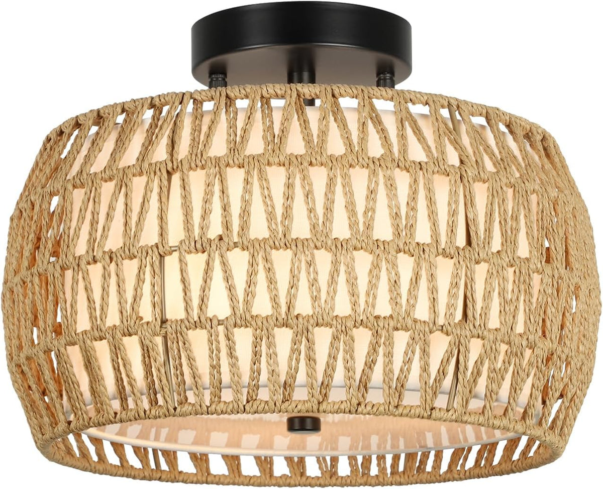Rattan & Fabric Semi-Flush Ceiling Light