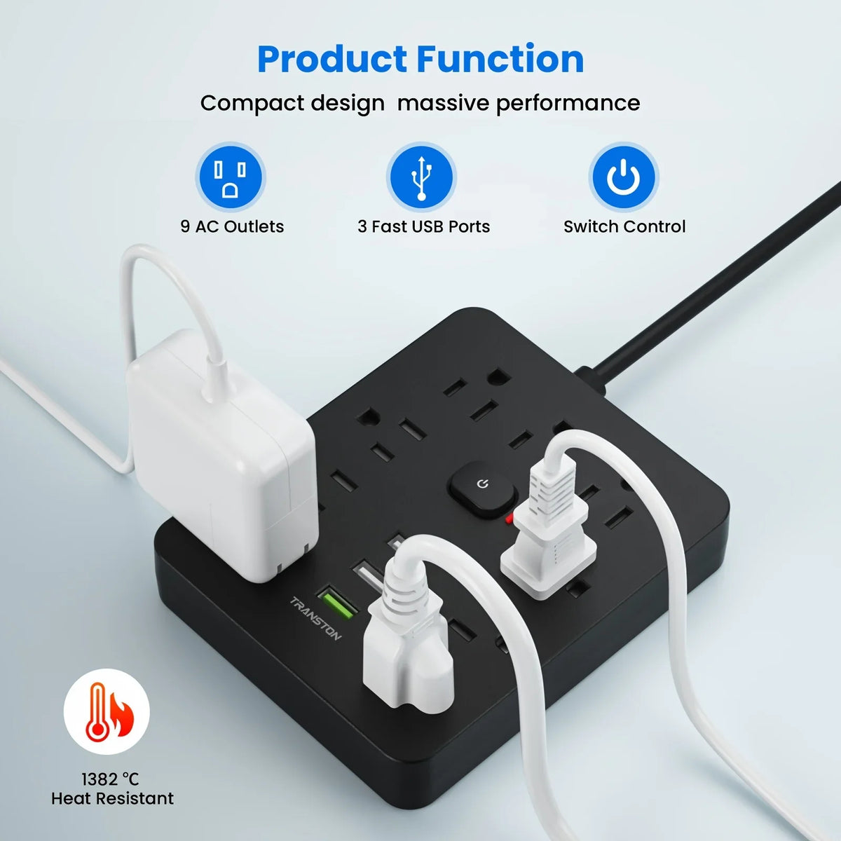9-Outlet Power Strip with 3 USB Ports & 3 m Cord