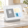 Google Nest Hub in Chalk in a minimalist kitchen setting