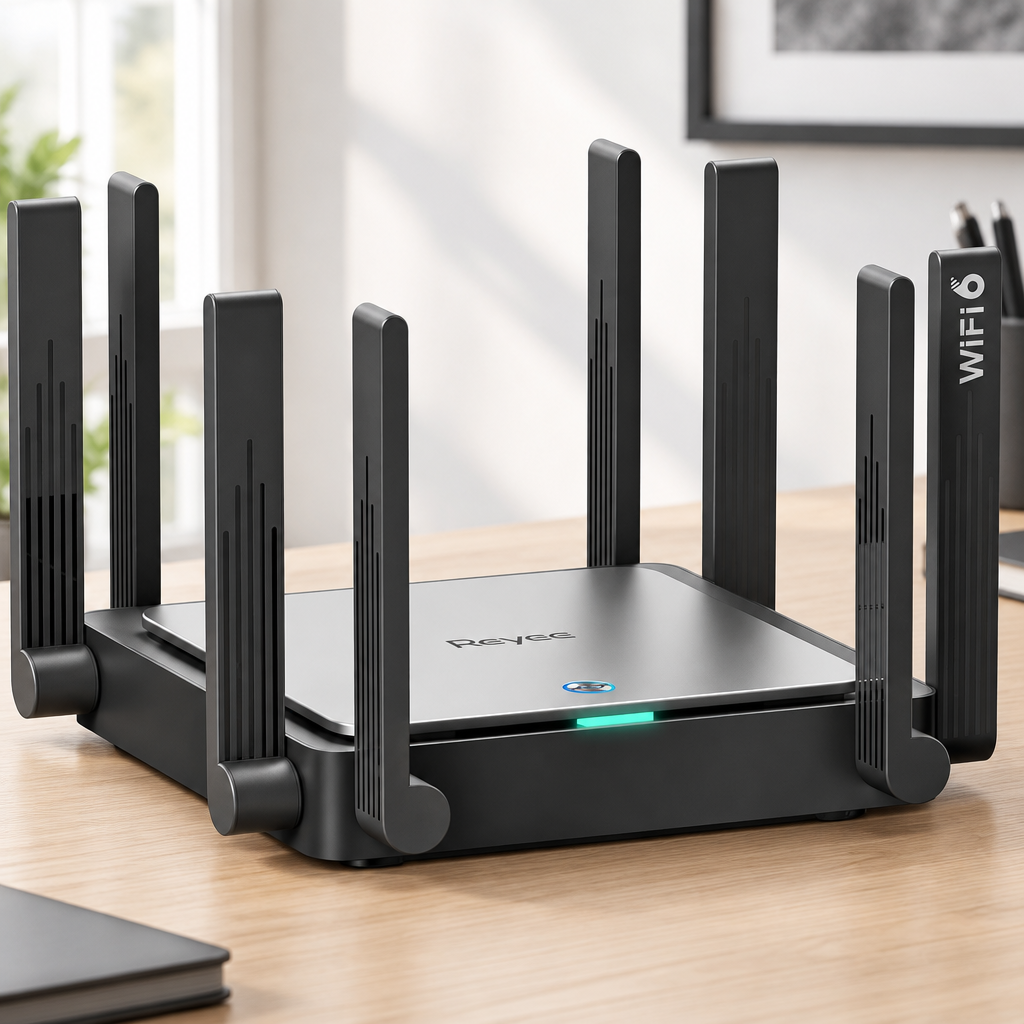 Reyee router in a minimalist home-office setting